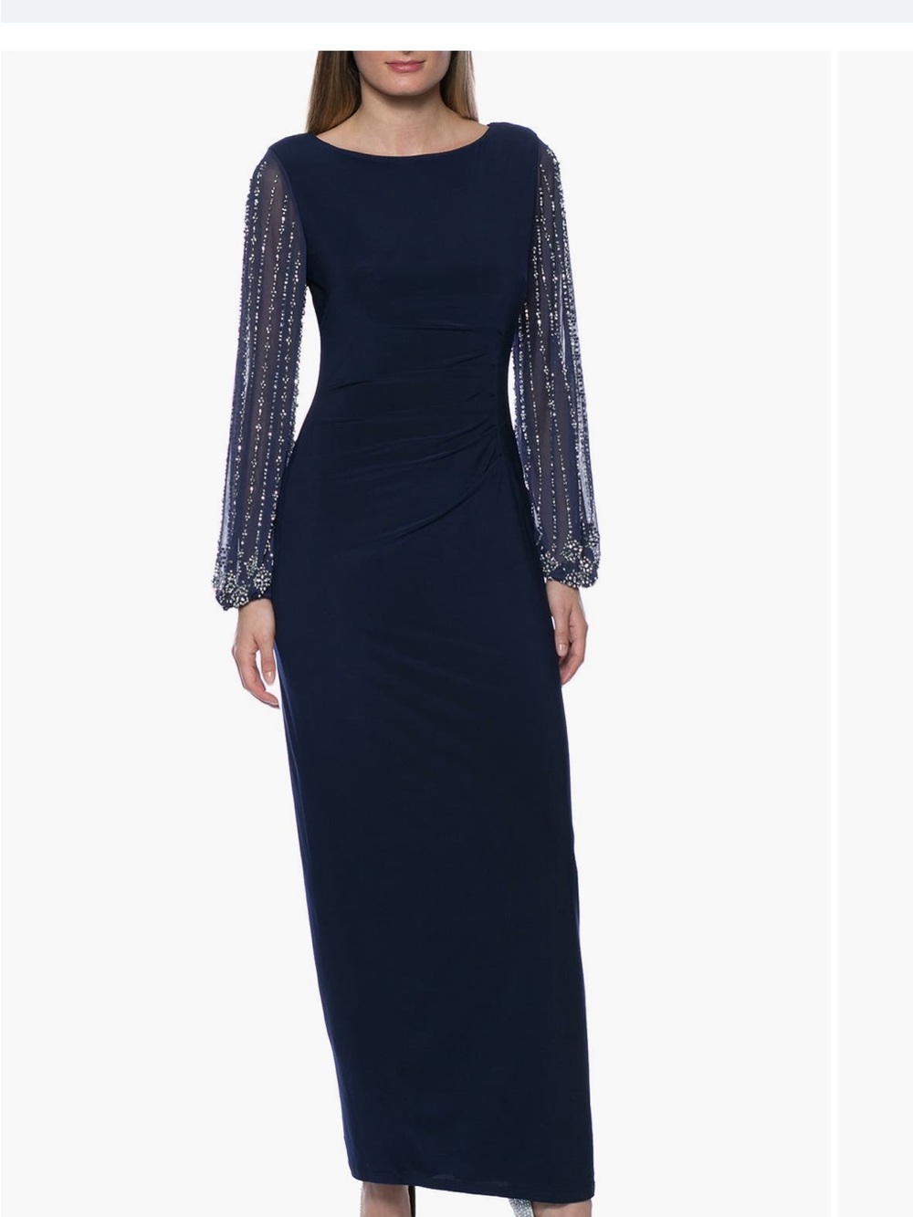 Navy Long-Sleeve Evening Dress with Beaded Sheer Sleeves